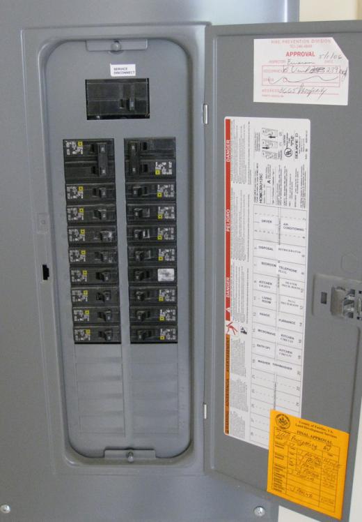 An electrical panel in a furnace room.