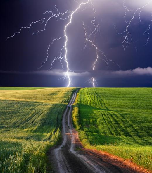 Lightning striking a field.