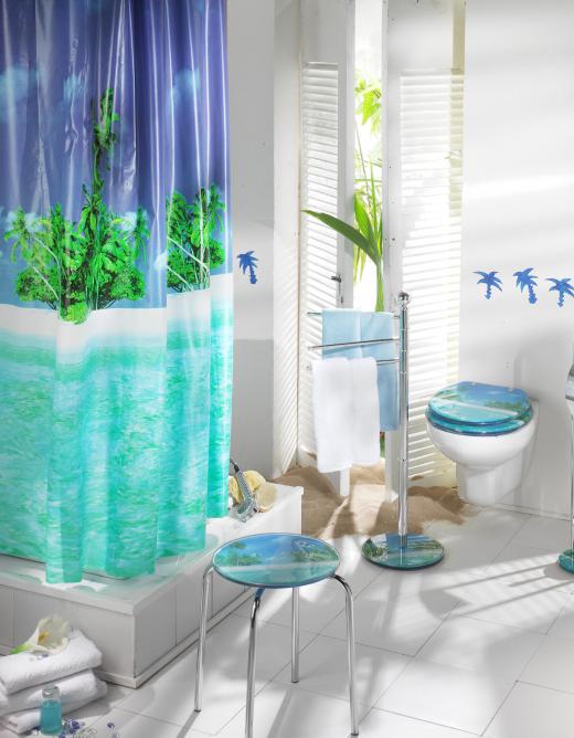 Plastic shower curtain made from polyvinyl chloride.